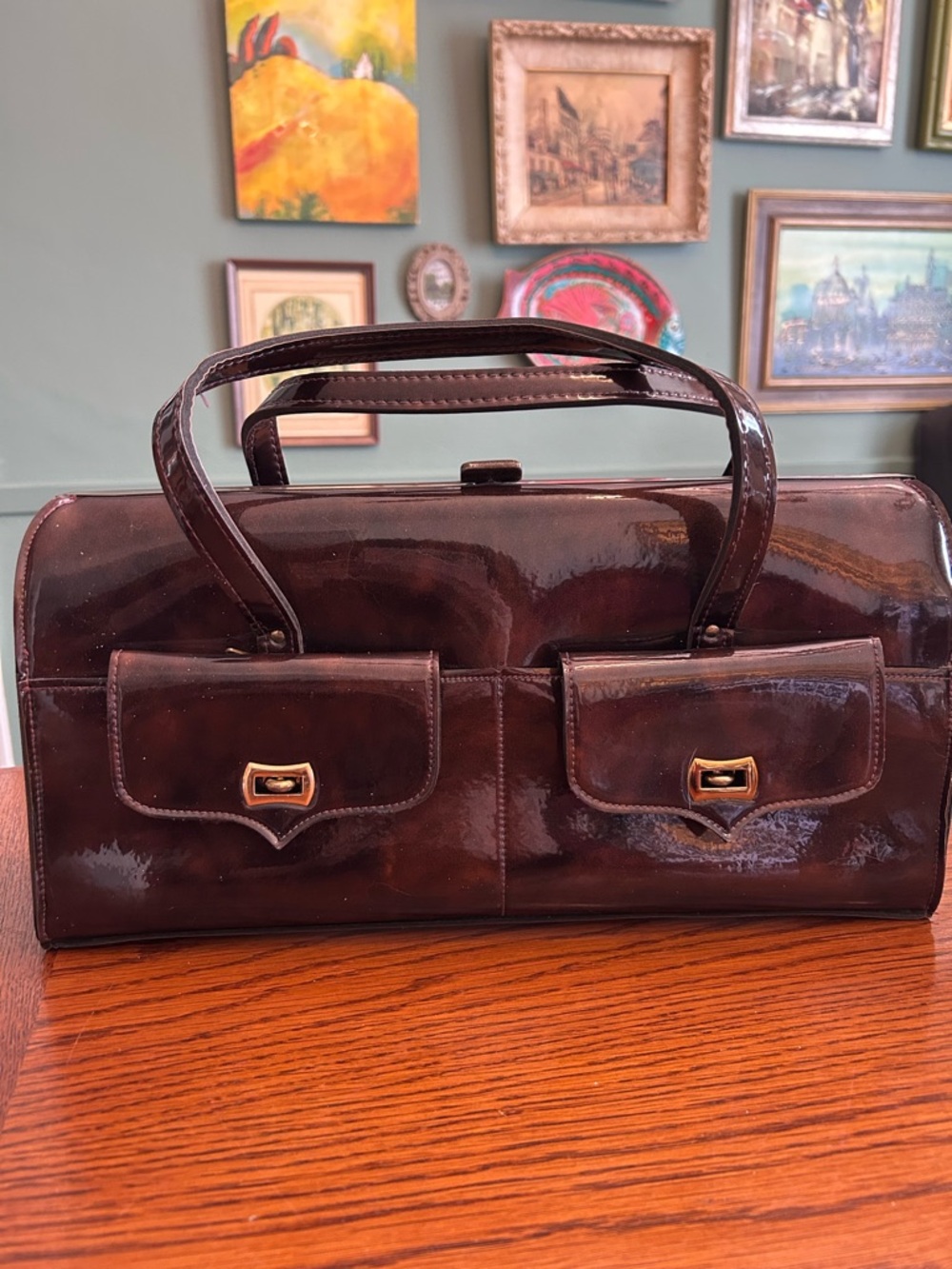 Brown Patent Leather Double-Pocket Satchel Bag